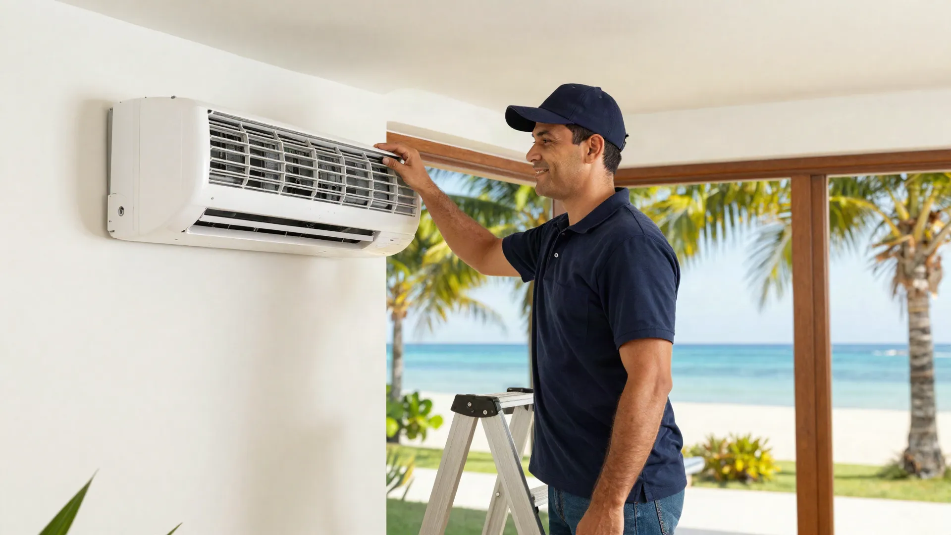 Técnico de Soluciones para el hogar instalando un minisplit en una sala frente al mar